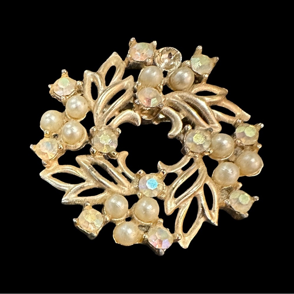 Vintage Brooch Gold Tone Faux Pearl AB Crystal